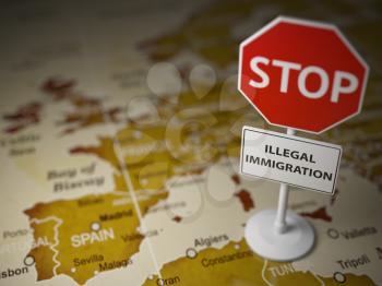 Stop illegal immigration concept. Sign stop on the map of Europe. 3d illustration