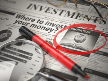 Education is a best option to invest. Where to Invest concept, Investmets newspaper with loupe and marker. 3d illustration
