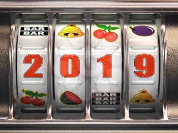 Happy New Year 2019 in casino. Slot machine with jackpot number 2019. 3d illustration