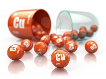 Capsule with copper CU element Dietary supplements. Vitamin pill. 3d illustration