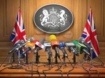 Briefing or press conference of prime minister or queen of UK  Great Britain. Microphones with flags of Great Britain and UK coat of arms. 3d illustration