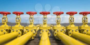 Yellow gas pipe line valves. Oil and gas extraction, production  and transportation industrial background. 3d illustration