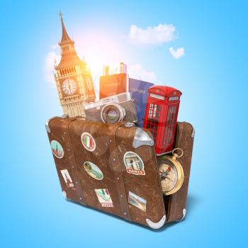 Trip to London, Great Britain.Vintage suiitcase with symbols of UK London, Big Ben tower and red booth. Travel and tourism concept. 3d illustration
