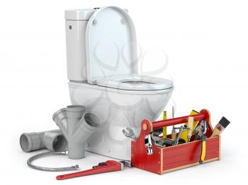 Plumbing repair service. Bowl and bidet with plumbing tools for a plumber and pvc plastic tubes. 3d illustration