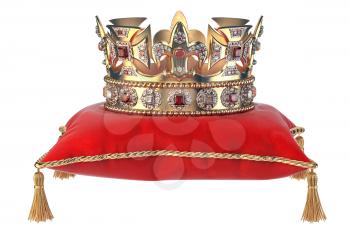 Golden crown with jewels on red velvet pillow for coronation isolated on white. 3d illustration