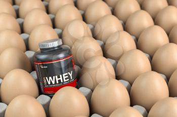 Sport nutrition and bodybuilding fitness supplements concept. Whey protein instead of carton box of eggs. 3d illustration