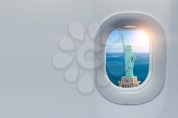 Airplane window with view on Statue of Liberty, New York, USA. Travel, tourism ando trip to USA concept. 3d illustration