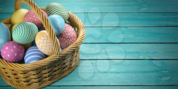 Easter eggs in a basket on the green wooden planks. 3d illustration