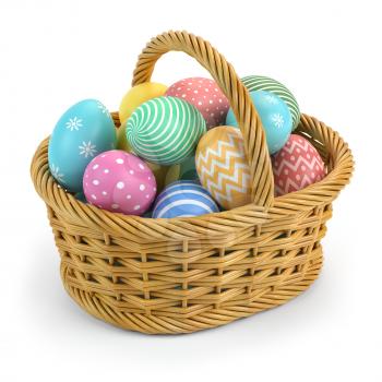 Easter eggs in a basket isolated on white. 3d illustration