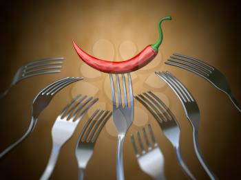 Red hot chili pepper stuck on the fork around of differents forks, Competition, unique , individuality and prize concept. 3d illustration