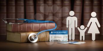 Medical health insurance concept. Family with stethoscope and plastic card. 3d illustration