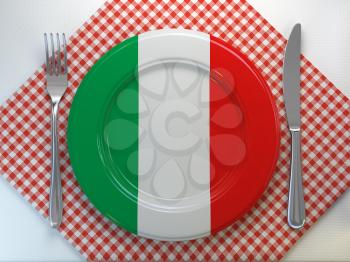 Italian cuisine  or restaurant concept. Plate with flag of Italy anf knife and fork. 3d illustration