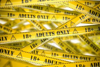 Adults only, yellow warning tapes with inscription. 3d illustration