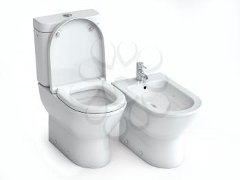 Toilet bowl  and bidet on white isolated background. 3d illuatration
