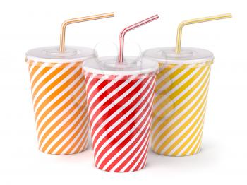 Red striped paper or plastic glass with  soda water, drinking straw, tea or coffee. 3d illustration