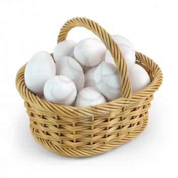 White eggs in basket isolated on white background. 3d illustration