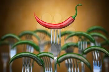 Red hot chili pepper stuck on the fork around of differents forks, Competition, unique , individuality and smile concept. 3d illustration