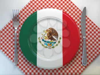 Mexican cuisine or mexican restaurant concept. Plate with flag of Mexico with knife and fork. 3d illustration