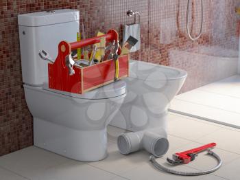 Plumber tools and pvc plastic tubes  on the bowl in bathroom. Plumbing repair service. 3d illustration