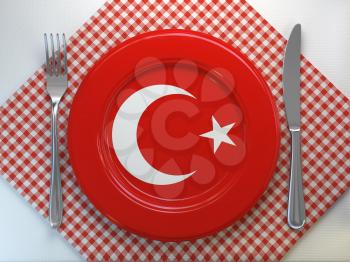 Turkish cuisine  or turkish restaurant concept. Plate with flag ofTurkey with knife and fork. 3d illustration