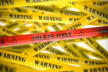 Adults only, yellow and red warning tapes with inscription. 3d illustration