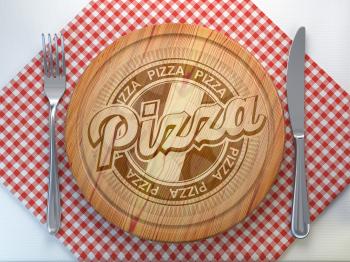 Pizza restaurant pizzaeria concept.Cutting wooden board with text pizza. 3d illustration