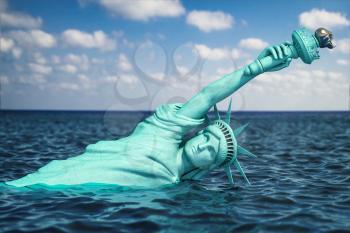 Destroyed Statue of liberty half covered by rising ocean level.  Apocalypse of USA, America and the end of civilization concept. 3d illustration