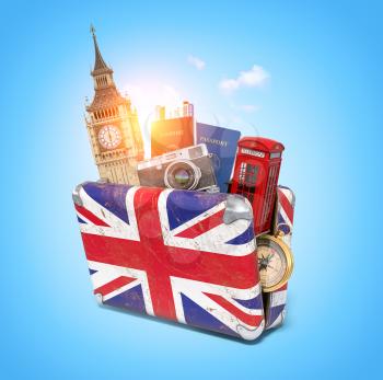Trip to London, Great Britain.Vintage suiitcase with symbols of UK London, Big Ben tower and red booth. Travel and tourism concept. 3d illustration