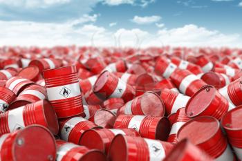 Red oil barrels. Oil and gas industry, storage, manufacturing. Chemical pollution and oil industry waste concept. 3d illustration