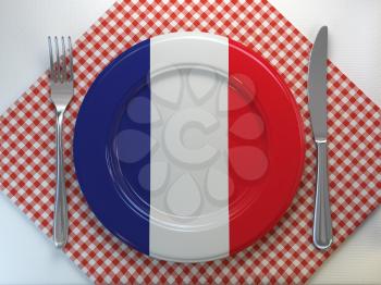 French cuisine  or french restaurant concept. Plate with flag of France with knife and fork. 3d illustration
