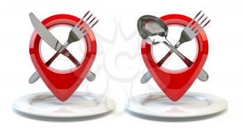 Food, restaurant or cafe location and direction concept. Pin or map point with fork nife and spoon isolated on white. 3d illustration