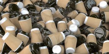 Heap of many empty paper coffee cups. Recycling of plastic waste concept. 3d illustration