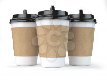 Paper coffee cups isolated on white background. Mock up . 3d illustration