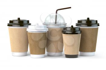 Set of coffee paper cups.Mockup template for cafe shop. Differnt types of coffee isolated on white background. 3d illustration