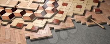 Wood parquet laid on the floor. House construction and renovation concept. 3d illustration