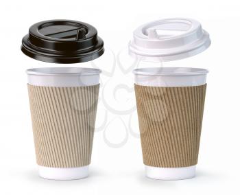 Paper coffee cups isolated on white background. Mock up . 3d illustration