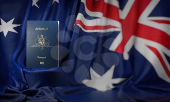 Australian passport on the flag of the Australia. Getting a australian passport,  naturalization and immigration concept. 3d illustration