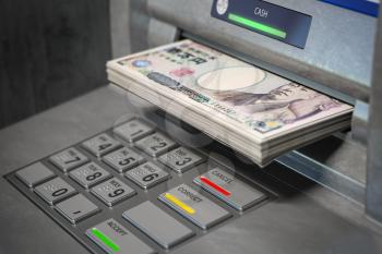 ATM machine and yen. Withdrawing  100 yen banknotes. Banking concept. 3d illustration