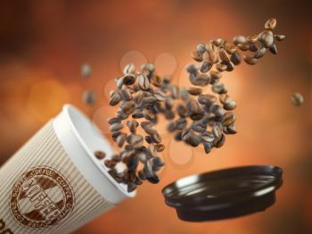 Coffee take away paper cup with coffee beans on a brown background. 3d illustration