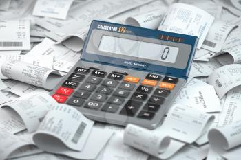Calculator with receipts. Home budjet, grocery expenses and consumerism concept background. 3d illustration
