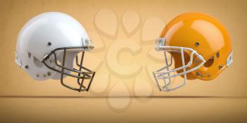 American football helmets and ball.Final match concept.Space for text. 3d illustration