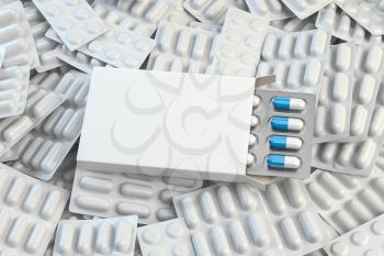Blank white box for capsules on the pile of white blisters of pills and capsules. Medical mockup. 3d illustration