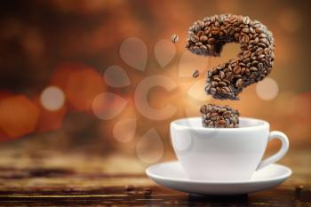 Coffee beans in a form of question mark and white cup. FAQ, ask and information about coffee. 3d illustration