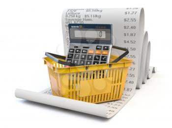 Shopping basket withcalculator on receipt isolated on white. Grocery expenses budget  and consumerism. 3d illustration