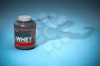 Whey protein with a shadow of bodibuilder. Sports  nutrition supplements for bodibuilding. 3d illustration