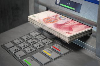 ATM machine and yuan. Withdrawing  100 yuan banknotes. Banking concept. 3d illustration