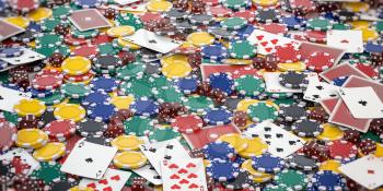 Casino chips, dice and poker cards background. 3d illustration