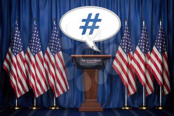 Message , tweet or speech bubble of the president of USA in White House. Space for text. 3d illustration