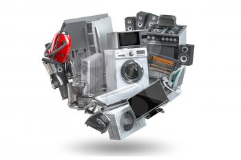 Household domestic appliances in the form of heart. Online shopping concept. 3d illustration