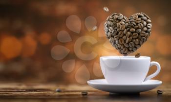 Coffee cup with a heart from coffee beans on wooden table. 3d illustration